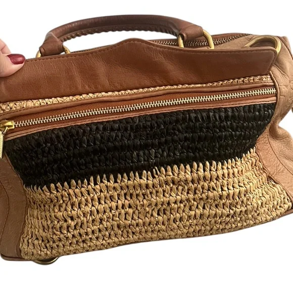 Rebecca Minkoff Straw & Leather Satchel Bag • Tan Black Raffia - Picture 7 of 7